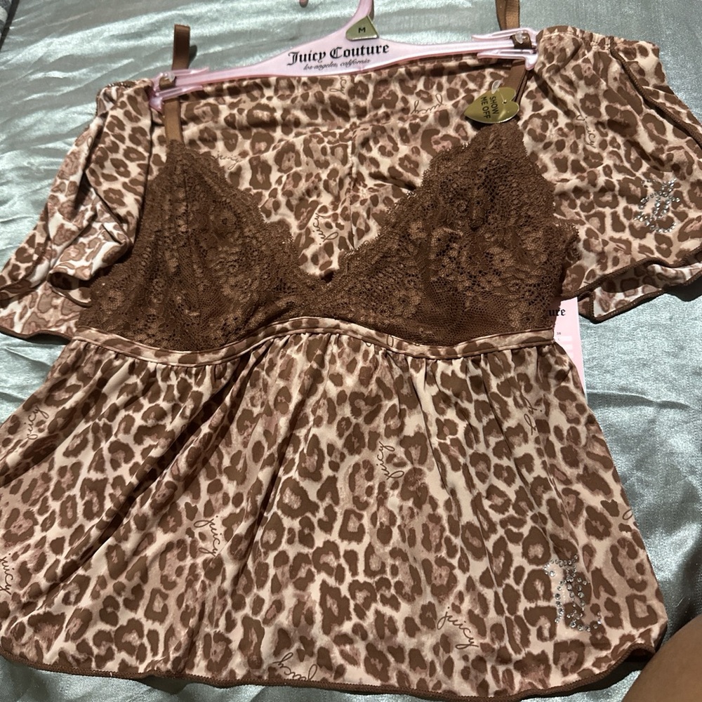 Juicy Couture Leopard Satin & Lace Cami Top - Brown